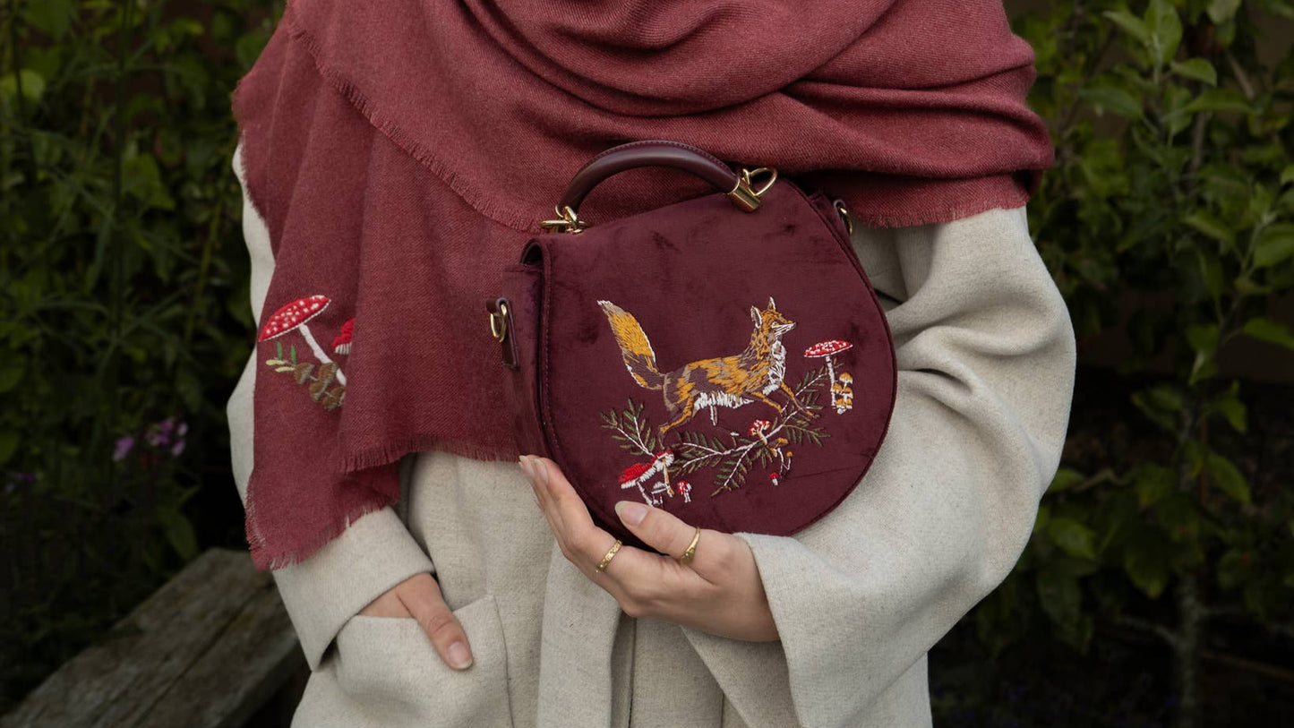 FABLE Mushroom Embroidered Burgundy Pashmina Scarf