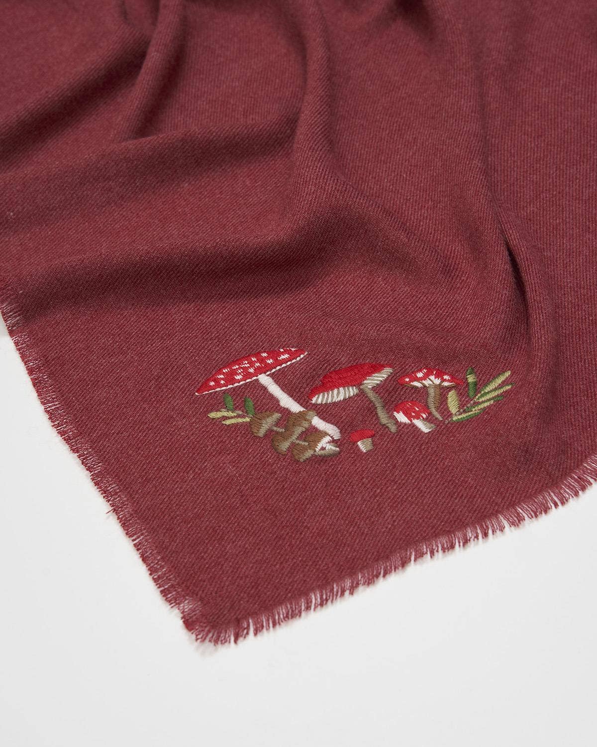 FABLE Mushroom Embroidered Burgundy Pashmina Scarf