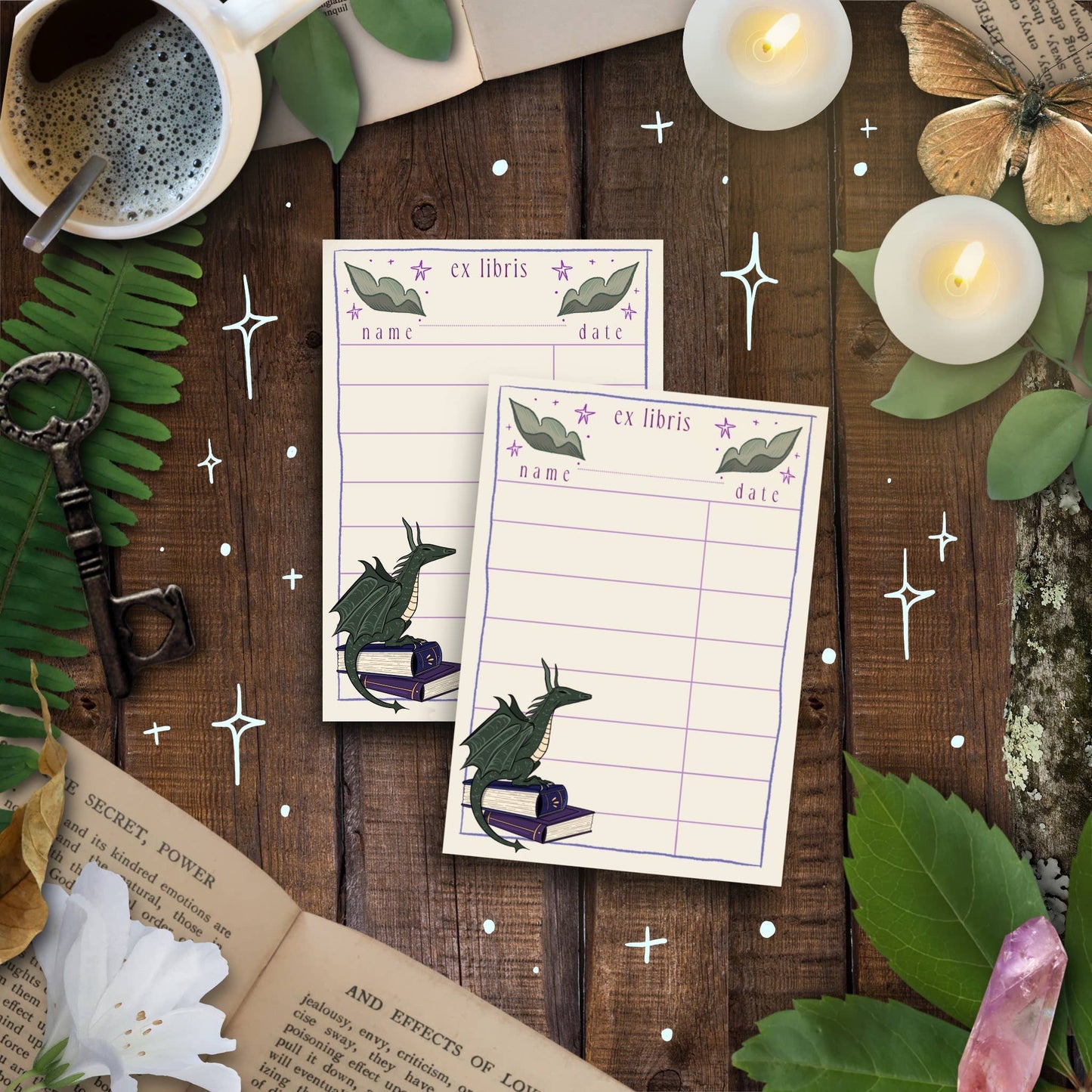 Cozy Dragon Library Card Set - Tea & Fables