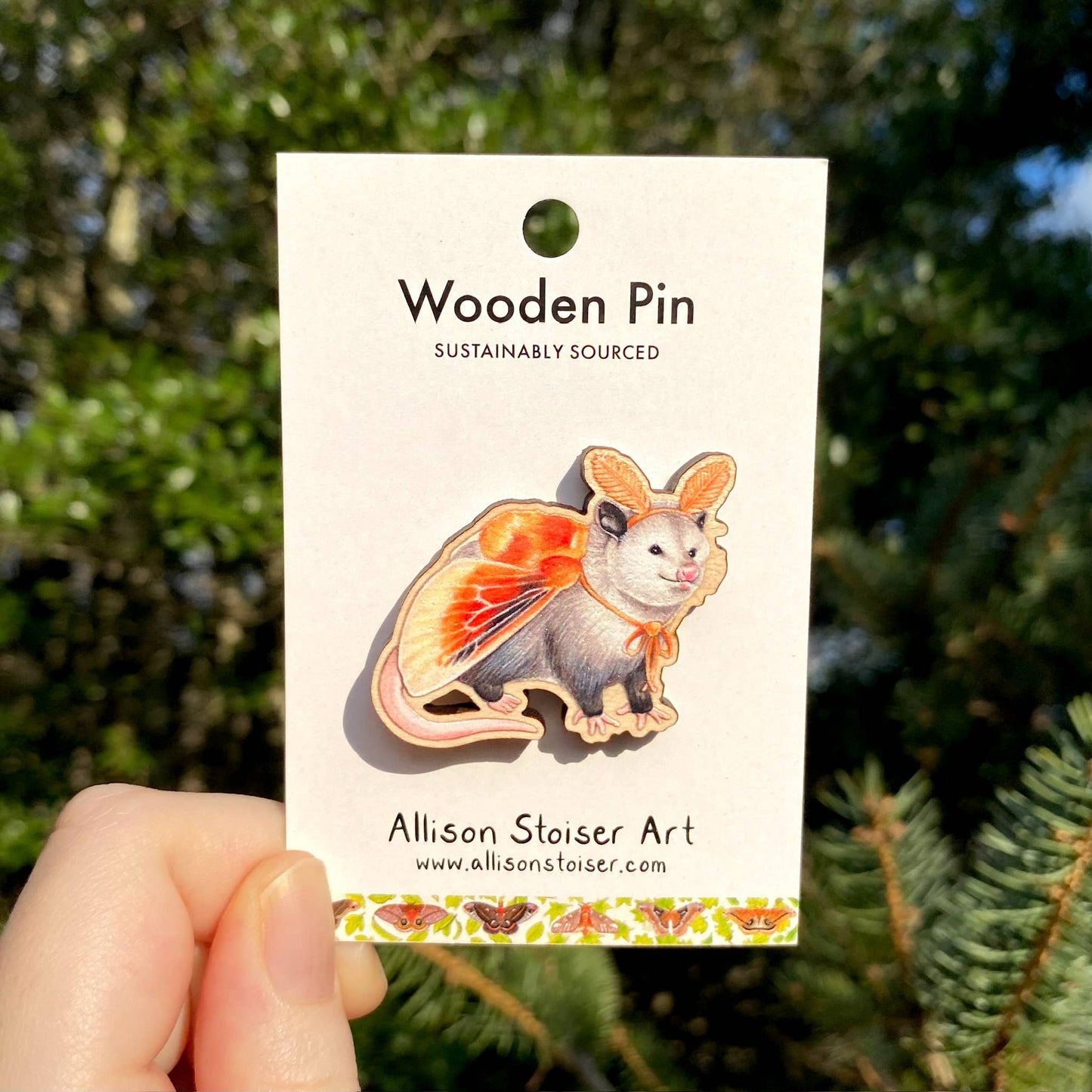 Flannel Moth Opossum Wooden Pin