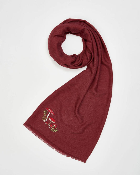 FABLE Mushroom Embroidered Burgundy Pashmina Scarf